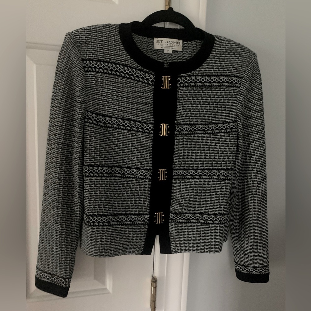 Saint John collection by Marie Gray vtg y2k 2000 black&white fullzip cardigan 2